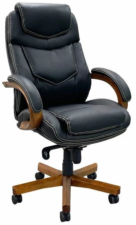 Black Leather Office Chair with Wood Arms and Base