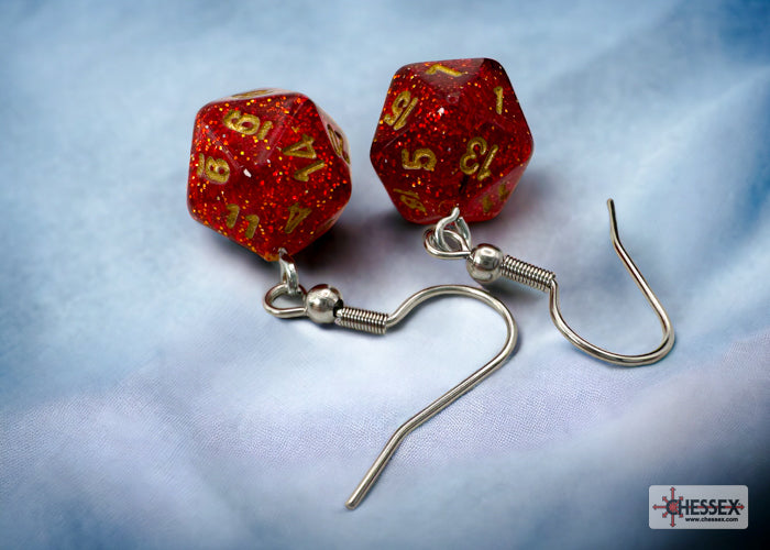 *Preorder* Hook Earrings Glitter Ruby Mini-Poly d20 Pair