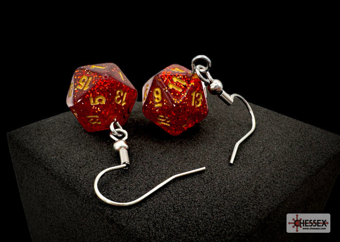 *Preorder* Hook Earrings Glitter Ruby Mini-Poly d20 Pair