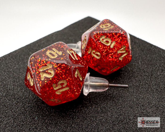 Stud Earrings Glitter Ruby Mini-Poly d20 Pair