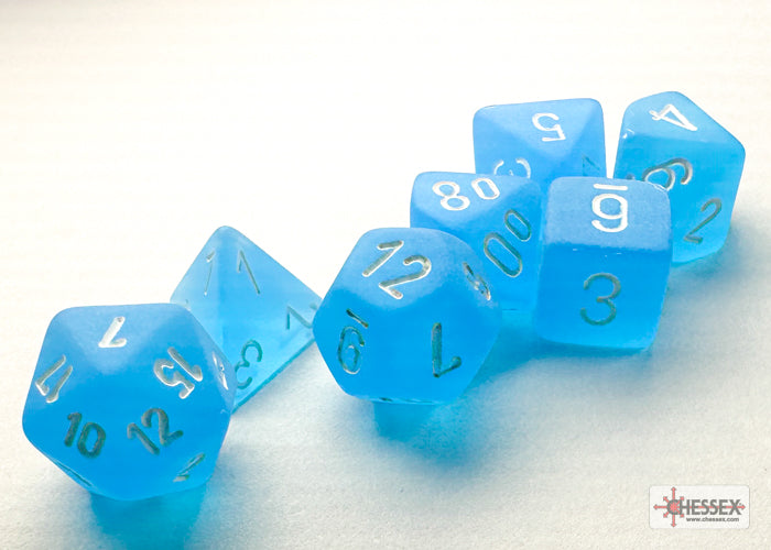 Frosted Caribbean Blue/white Mini-Polyhedral 7-Die Set (Mini Poly Release 3)