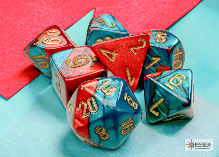 Gemini Red-Teal/gold Mini-Polyhedral 7-Die Set (Mini Poly Release 3)