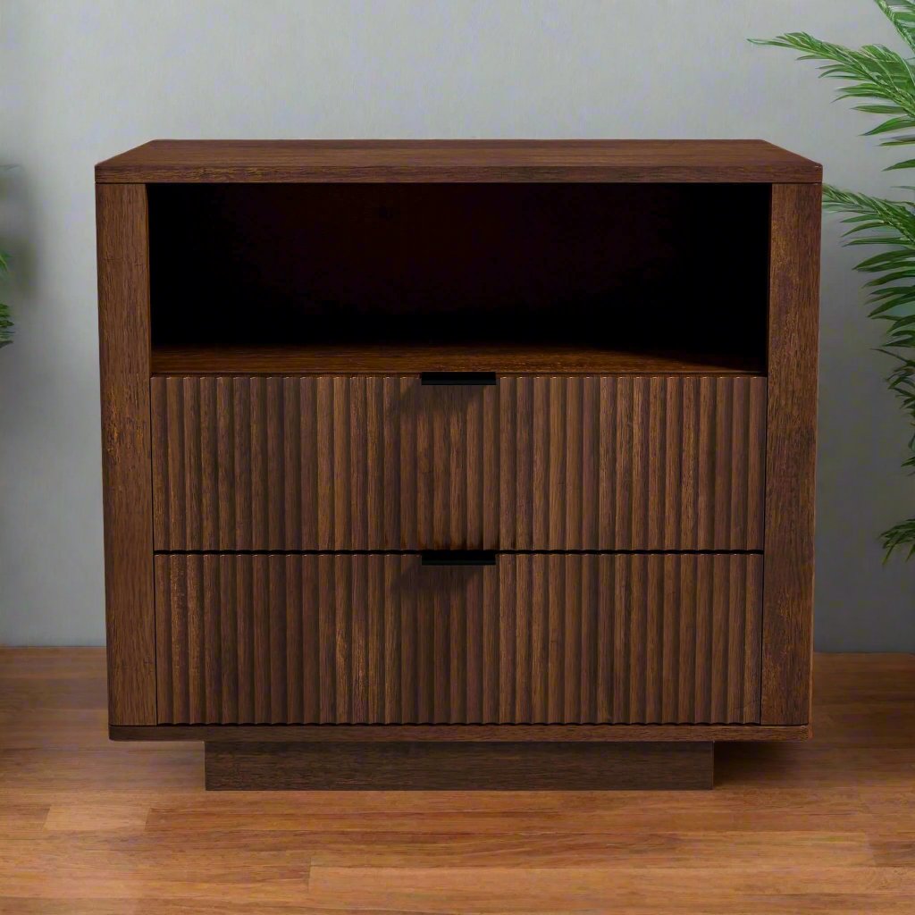 Lola Mid Century Modern Walnut Nightstand 2-Drawer Bed Side Table Closeup.