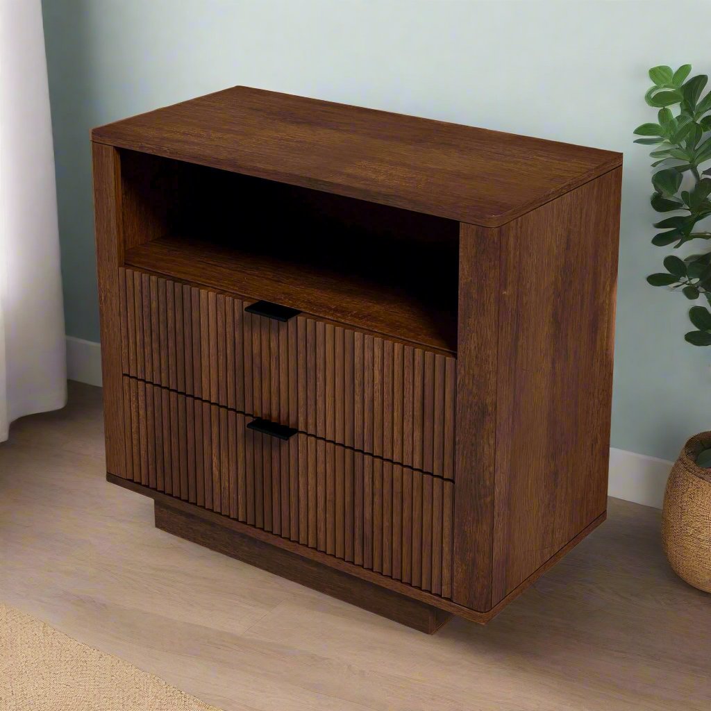 Lola Mid Century Modern Walnut Nightstand 2-Drawer Bed Side Table Zoomed In.