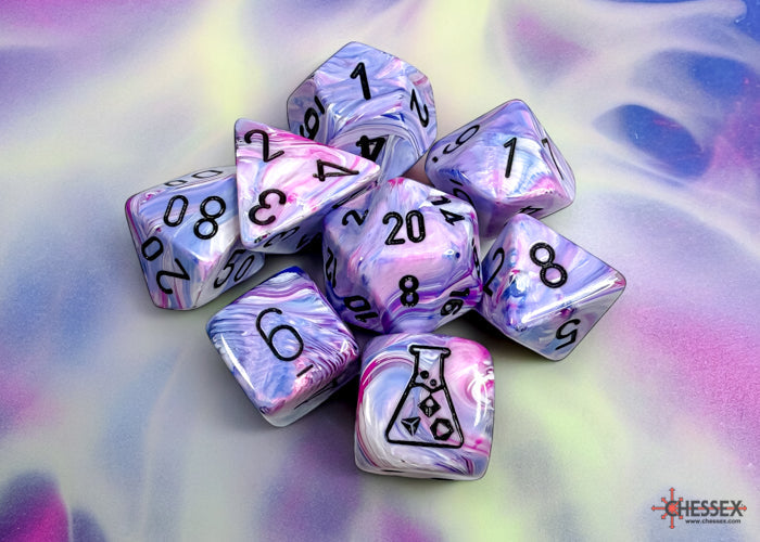 Festive Hydrangea/black Polyhedral 7-Dice Set (with bonus die)