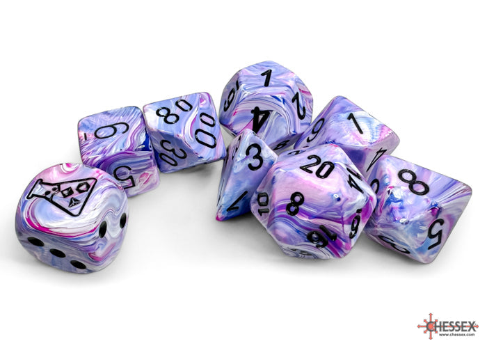 Festive Hydrangea/black Polyhedral 7-Dice Set (with bonus die)