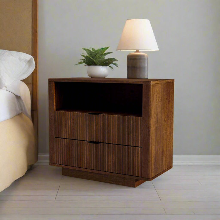 Lola Mid Century Modern Walnut Nightstand 2-Drawer Bed Side Table Left Angle Picture.