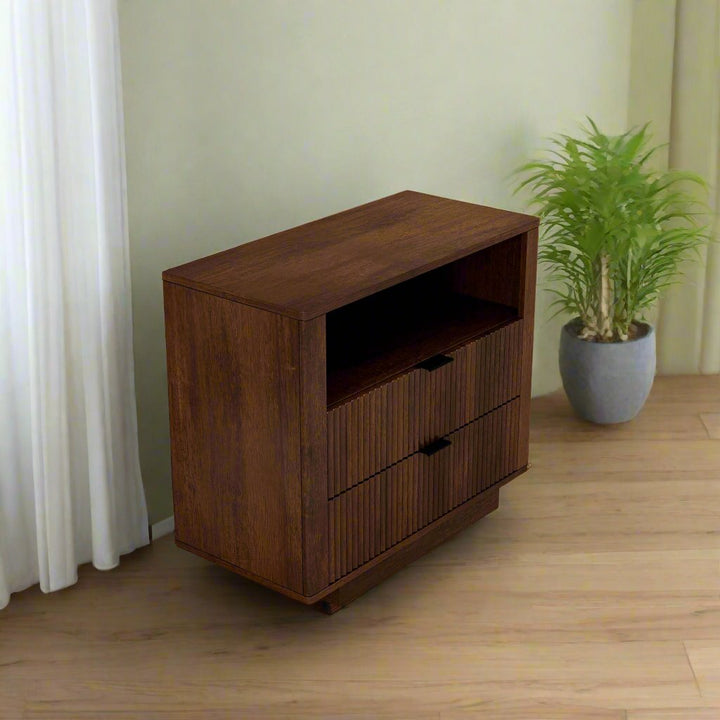 Lola Mid Century Modern Walnut Nightstand 2-Drawer Bed Side Table Right Angle Photo.