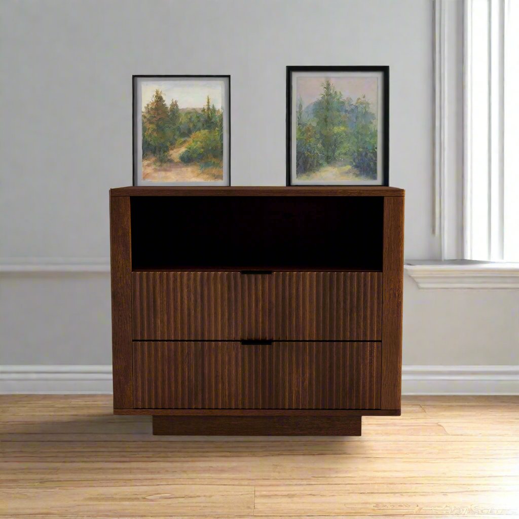 Lola Mid Century Modern Walnut Nightstand 2-Drawer Bed Side Table Front.