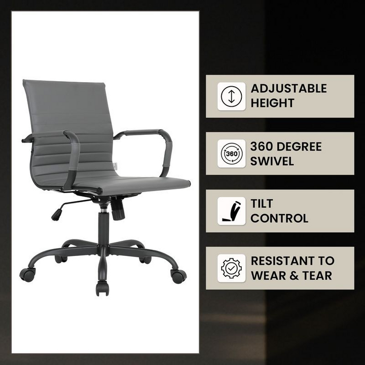 Gray office chair with features listed on a black background.