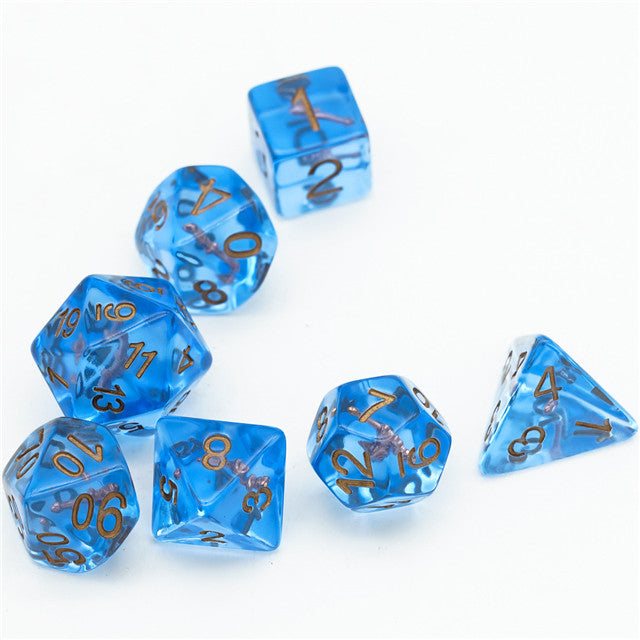 Wizard (Magic Wand) Clear Blue Dice w/ Golden Wand 7-Dice Set Rpg