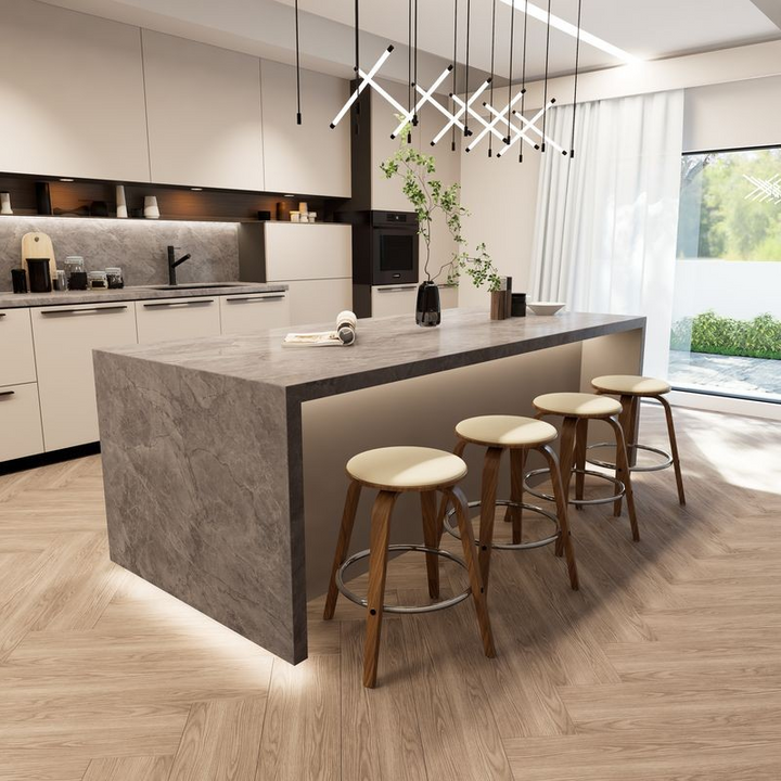 LeisureMod Wooden Counter Stool Pelya Collection Modern Style Walnut Color in Cream at Bar.