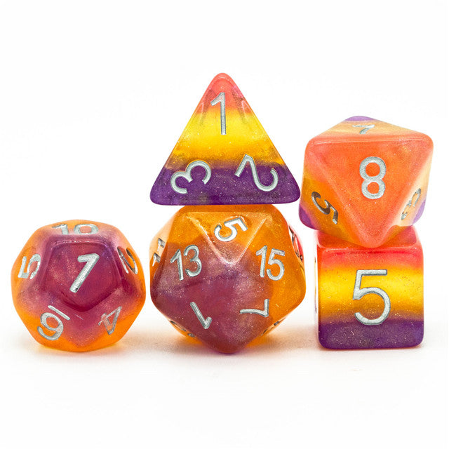 Orange Yellow Purple Glitter Layer 7-Dice Set w/Silver Numbers