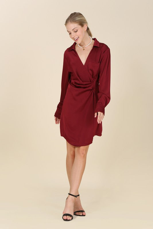 Satin Collared Wrap Mini Dress