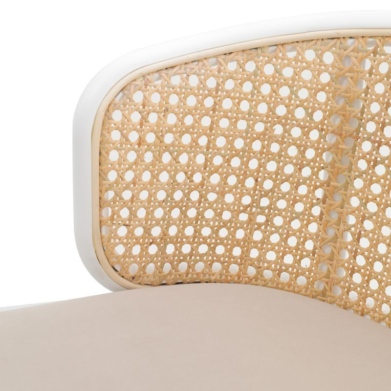 LeisureMod Ervilla Mid-Century Modern Wicker Bar Stool with Fabric Seat and White Powder Coated Steel Frame for Kitchen and Dining Room in Beige Closeup.