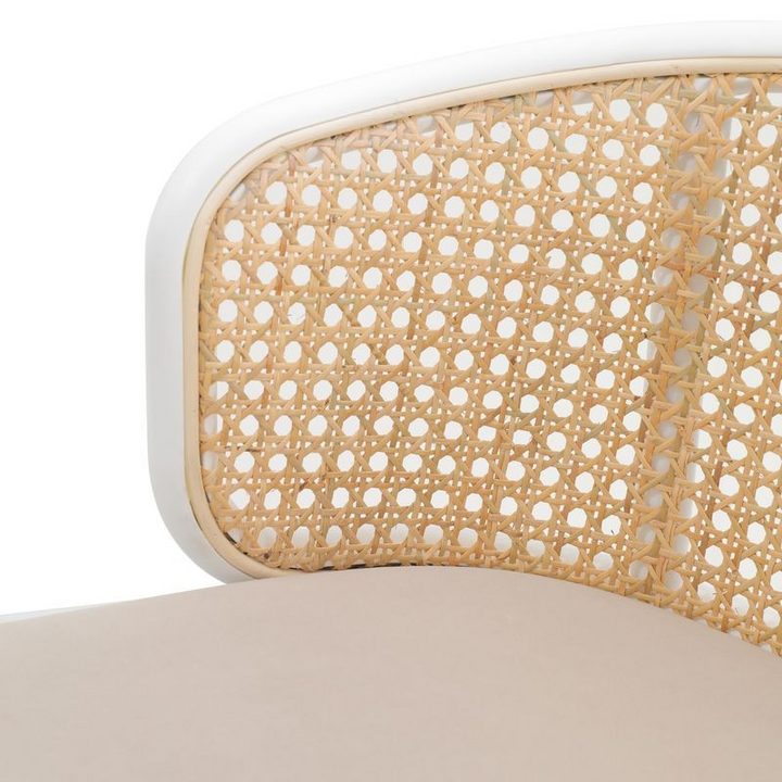LeisureMod Ervilla Mid-Century Modern Wicker Bar Stool with Fabric Seat and White Powder Coated Steel Frame for Kitchen and Dining Room in Beige Closeup.