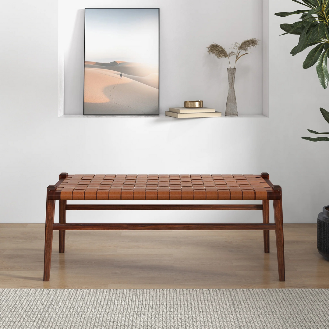 Cody Tan Leather Bench Front View.