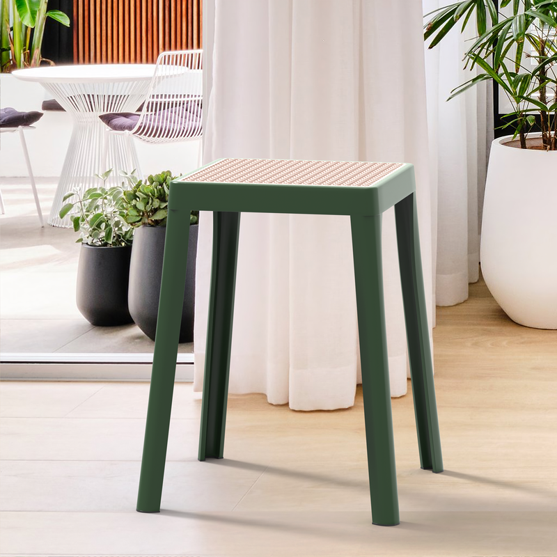 LeisureMod Tresse Series Stackable Poly Stool with Wicker Top 12 in Green with Background.