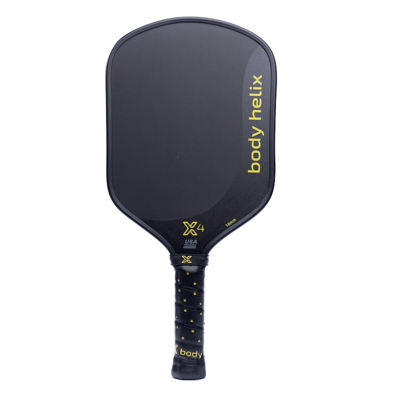 Black pickleball paddle with body helix branding on a white background.
