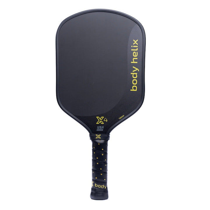 Black pickleball paddle with body helix branding on a white background.