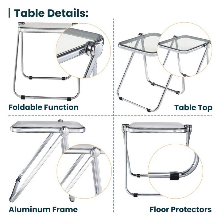 Foldable table with aluminum frame, table top, and floor protectors on a white background.
