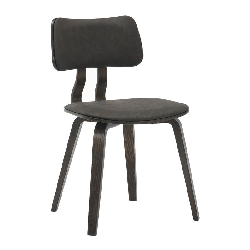 LeisureMod 5-Piece Dining Set with Round Wooden Table in Natural Wood and 4 Leather Dining Chairs in Dark Walnut/Brown Angled Chair.