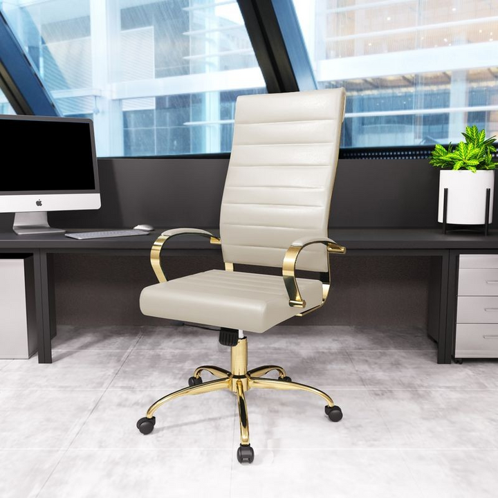 LeisureMod Benmar High-Back Leather Office Chair with Gold Frame Tan in Room.