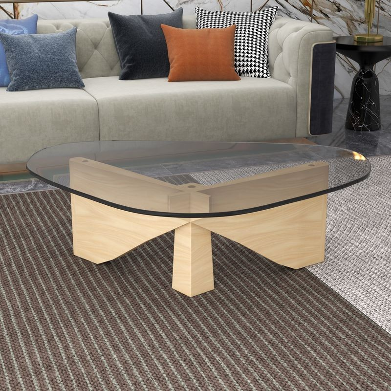 LeisureMod Imperial Triangle Coffee Table Natural Wood in Room.