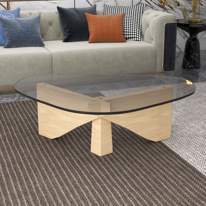 LeisureMod Imperial Triangle Coffee Table Natural Wood in Room.