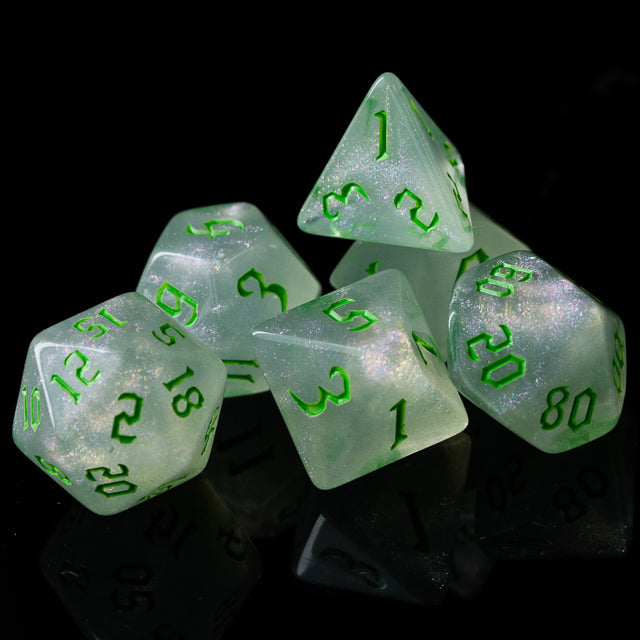 Glitter Party White Glitter Dice (Green font) 7-Dice Set RPG DND