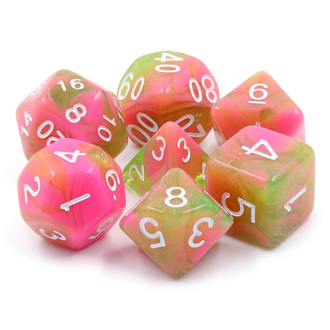 Apple Taffy Lime Green/Pink Glitter/Swirl  7-Dice Set by HendgaDice