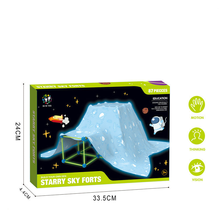 Box of starry sky forts toy set with space-themed design and dimensions.
