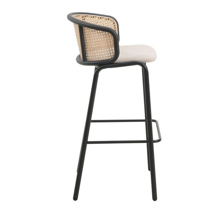 LeisureMod Ervilla Mid-Century Modern Wicker Bar Stool with Fabric Seat and Black Powder Coated Steel Frame in Beige Side View.