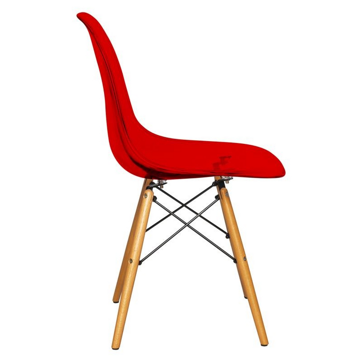 LeisureMod Dover Plastic Molded Dining Side Chair Transparent Red Side View.