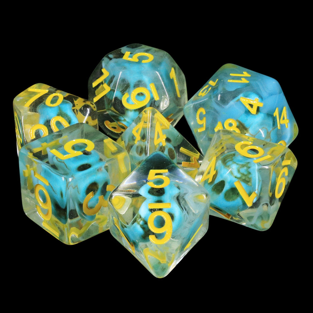 Turquoise Treasure Skull Dice Blue/Yellow Halloween Resin 7-Dice