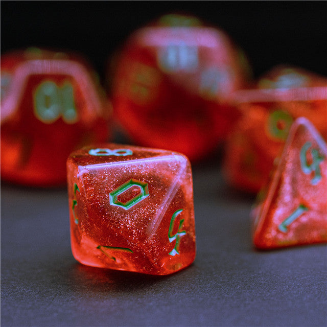 Strawberry Red Glitter Party Glitter Dice (Green font) 7-Dice Set RPG DND