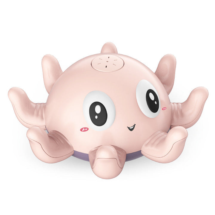 Pink octopus-shaped toy with large eyes on a white background.
