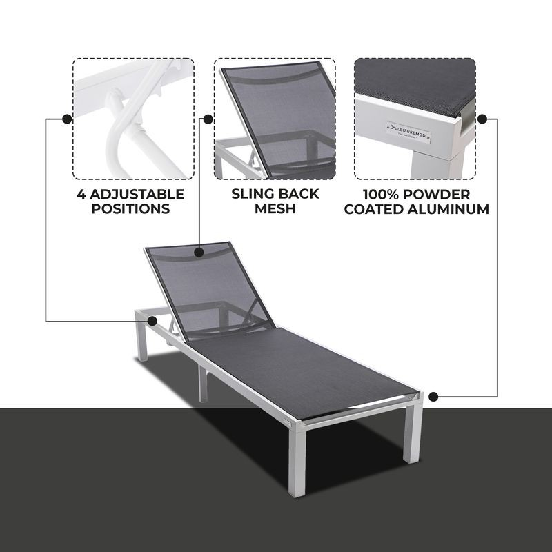 LeisureMod Marlin Patio Chaise Lounge Chair with White Aluminum Frame Black Details.