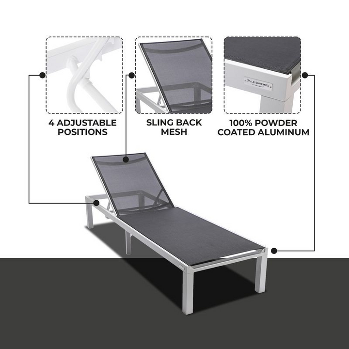 LeisureMod Marlin Patio Chaise Lounge Chair with White Aluminum Frame Black Details.