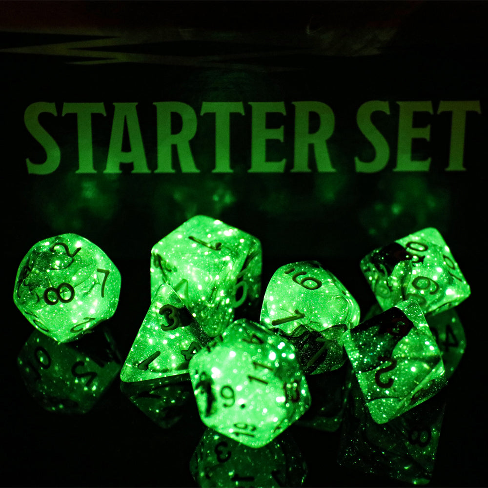 Stellar Explosion 7-Dice Set Black/Silver w/White Numbers Dnd Dice Set (Blacklight reactive)