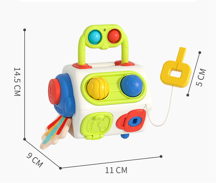 Colorful toy cube with various shapes and dimensions displayed on a white background.