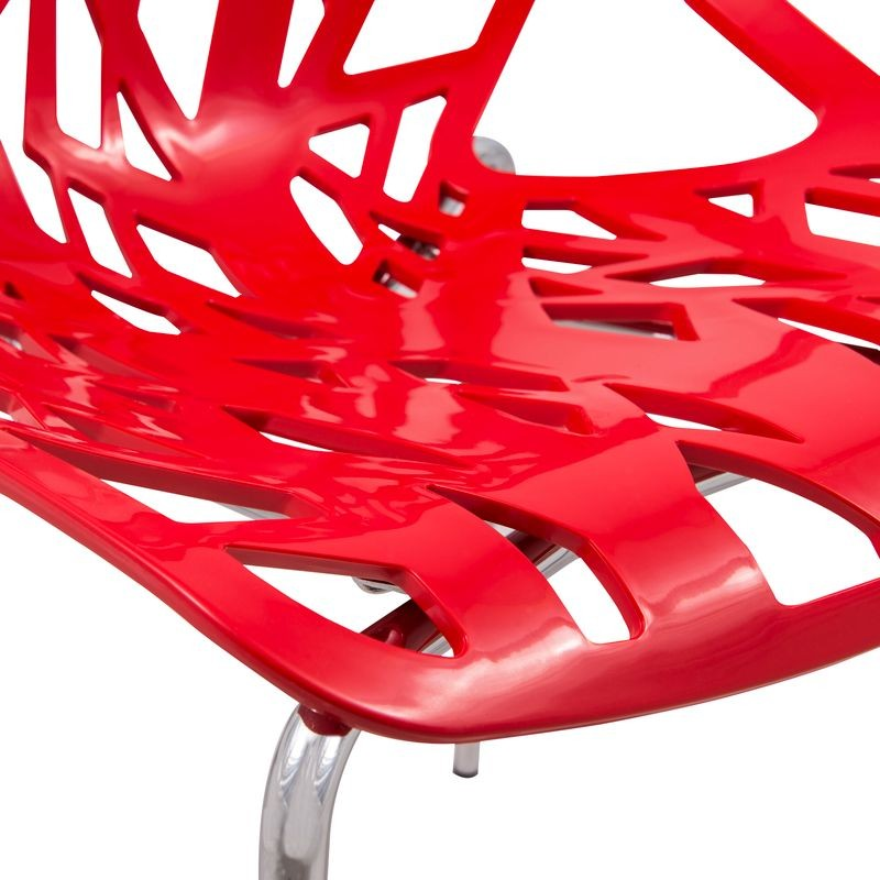 LeisureMod Modern Asbury Dining Chair w/ Chromed Legs Red Closeup.