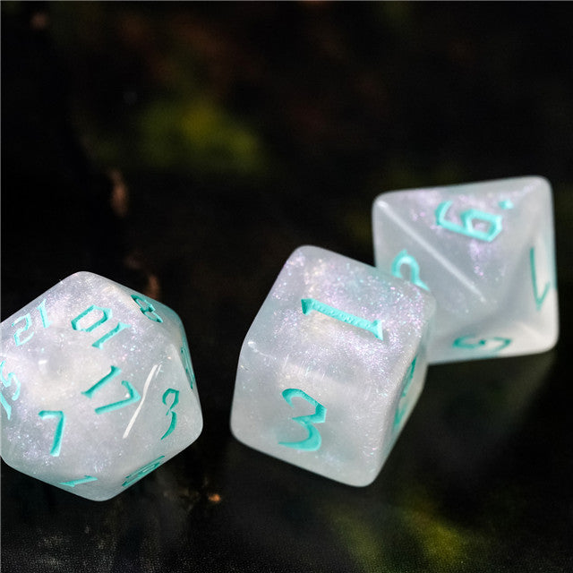 Glitter Party White Glitter Dice (Mint font) 7-Dice Set RPG DND