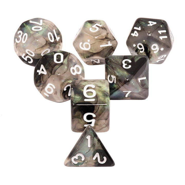 Stellar Explosion 7-Dice Set Black/Silver w/White Numbers Dnd Dice Set (Blacklight reactive)