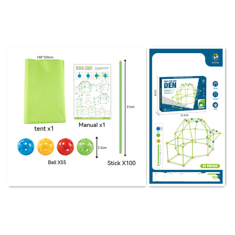 Educational kit components including a tent, manual, balls, stick, and packaging on a white background.