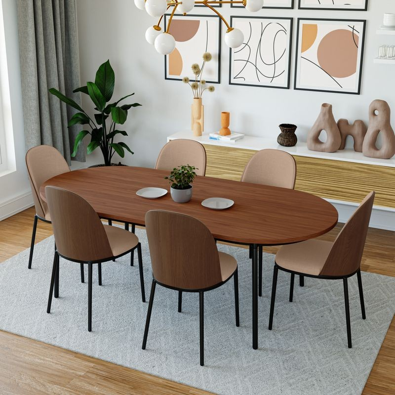 Leisuremod Tule Collection Dining Chair, Walnut Frame with Brown Leather Walnut/Brown at Table.