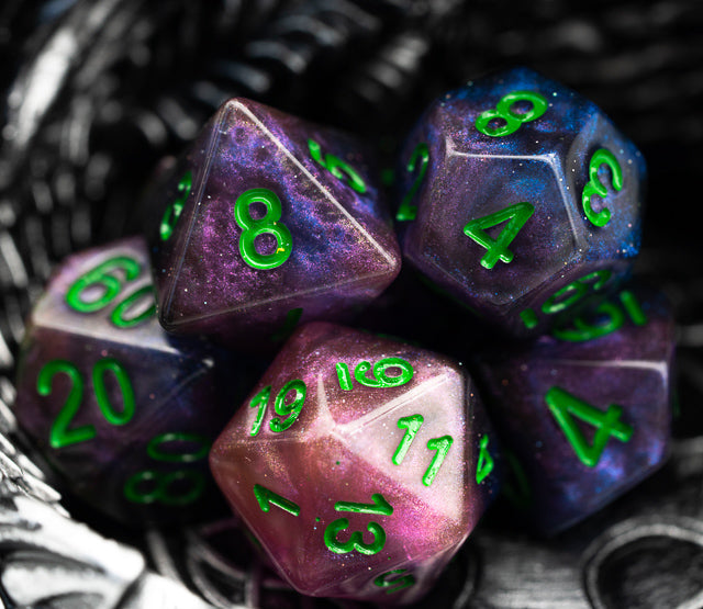 Purple & Blue w/green Galaxy Glitter 7-Dice Set RPG