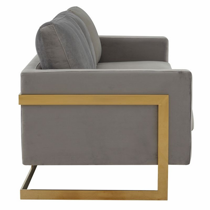 LeisureMod Lincoln Modern Mid-Century Upholstered Velvet Sofa with Gold Frame Light Grey Side View.