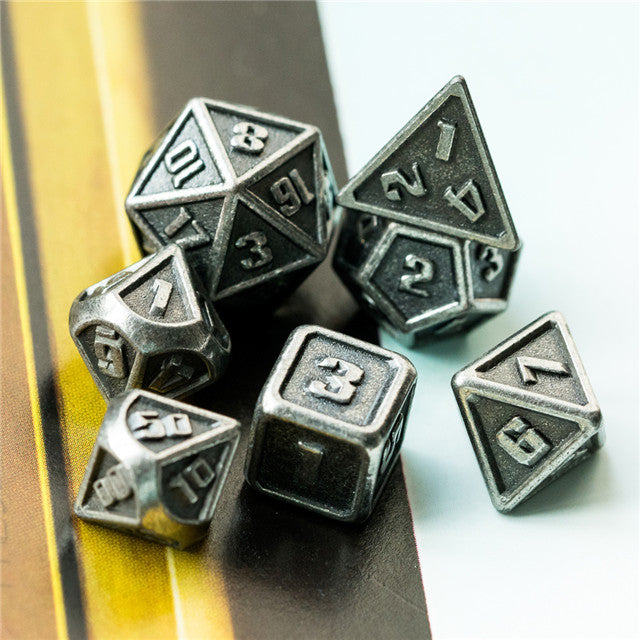 Silver Mini Metal Dice Ancient Effect | (10mm to 15mm) 7-Dice Udixi RPG