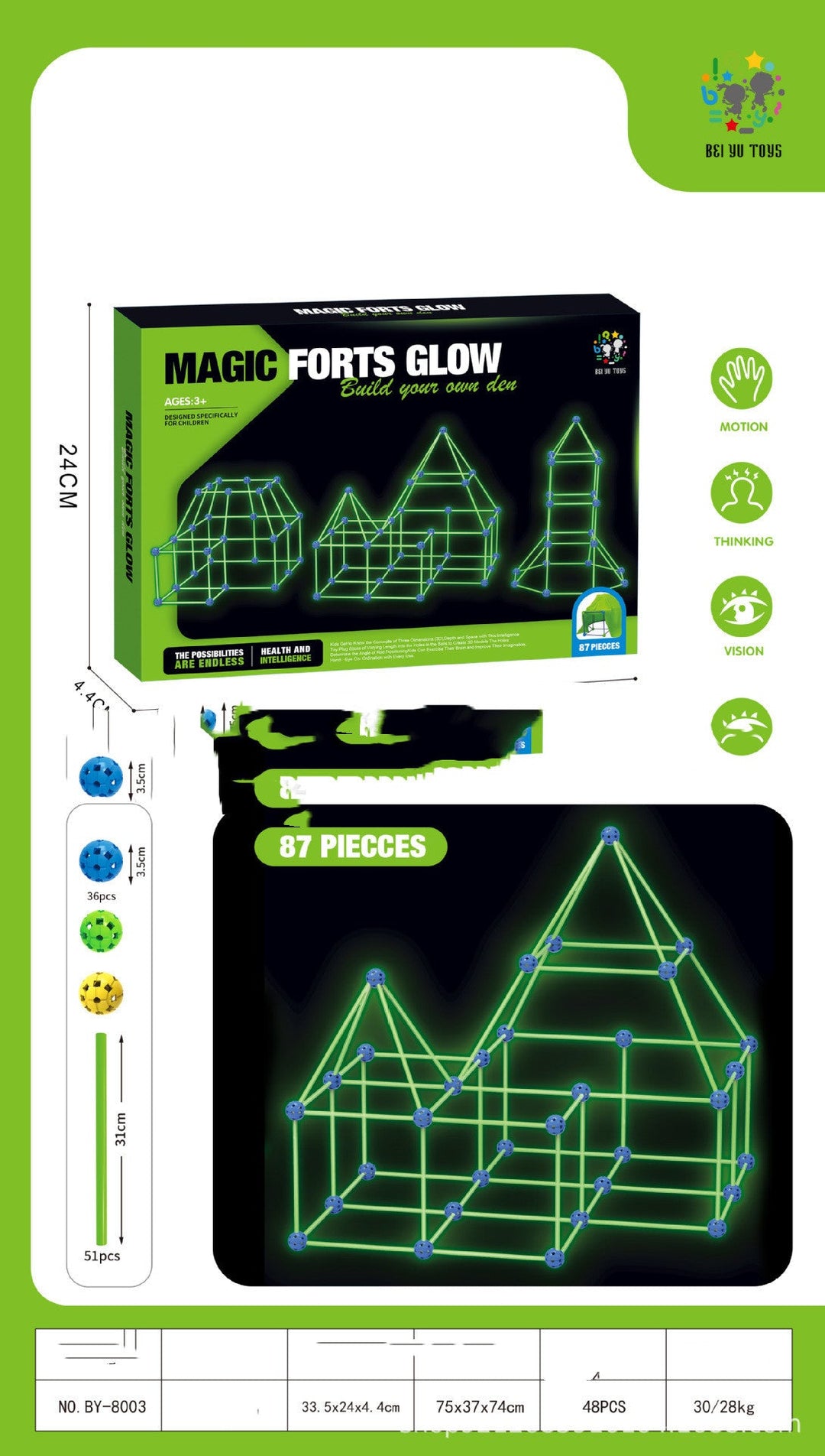 Magic forts glow packaging with green glow-in-the-dark design on a white background.